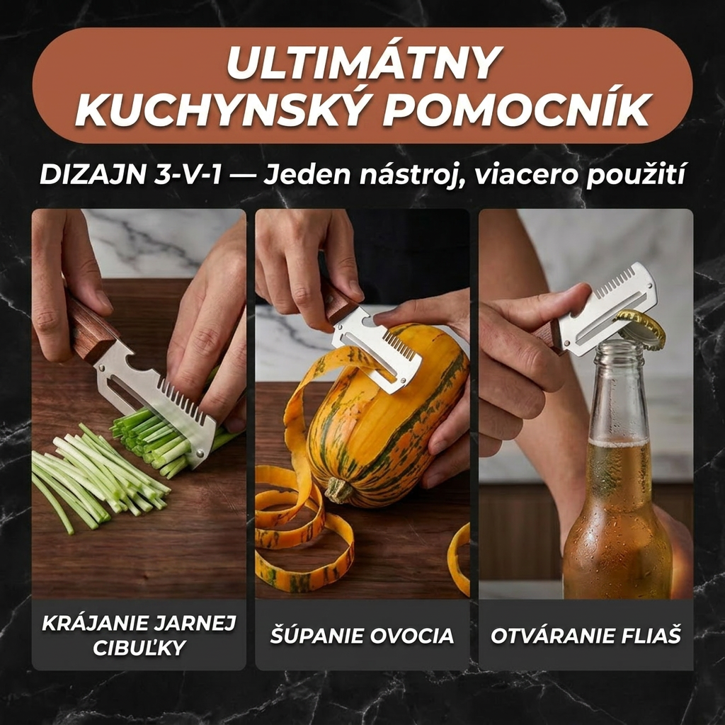 (Akcia ku Dňu matiek 💖) Multifunkčná škrabka na zeleninu 2 v 1 z nehrdzavejúcej ocele | Drevená rukoväť a otvárač na fľaše