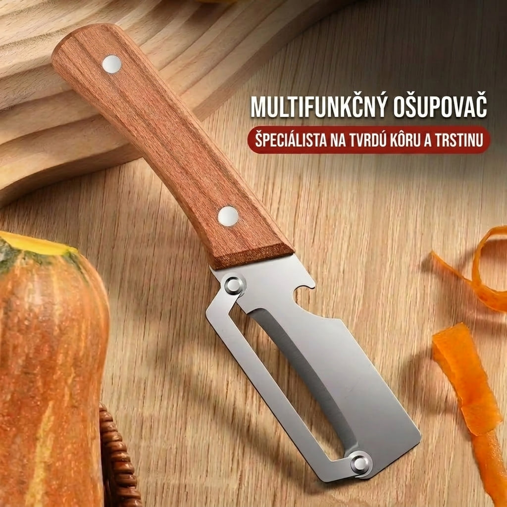 (Akcia ku Dňu matiek 💖) Multifunkčná škrabka na zeleninu 2 v 1 z nehrdzavejúcej ocele | Drevená rukoväť a otvárač na fľaše